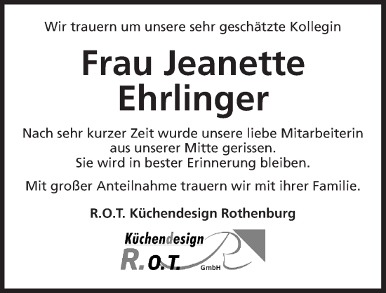 Traueranzeige von Jeanette Ehrlinger von Rothenburg