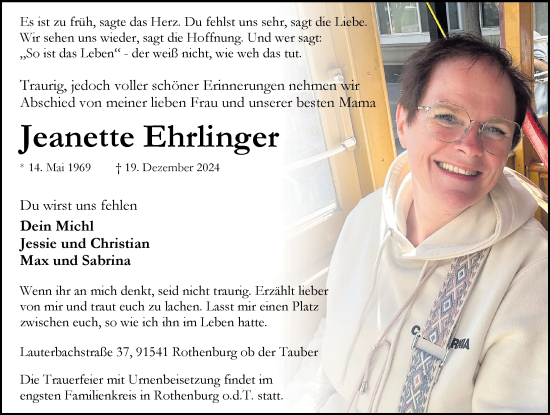 Traueranzeige von Jeanette Ehrlinger von Rothenburg