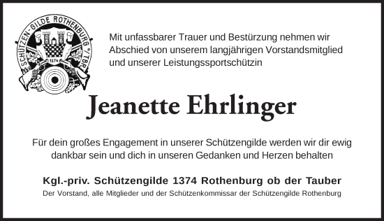 Traueranzeige von Jeanette Ehrlinger von Rothenburg