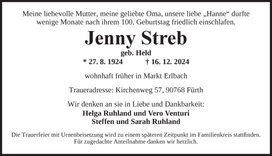 Traueranzeige von Jenny Streb von Neustadt/ Scheinfeld/ Uffenheim