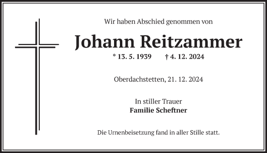 Traueranzeige von Johann Reitzammer von Ansbach