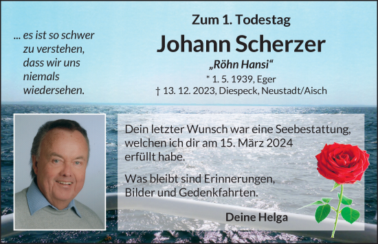 Traueranzeige von Johann Scherzer von Neustadt/ Scheinfeld/ Uffenheim