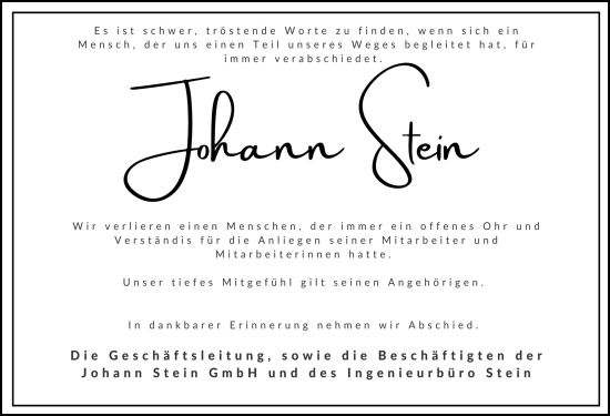 Traueranzeige von Johann Stein von Ansbach