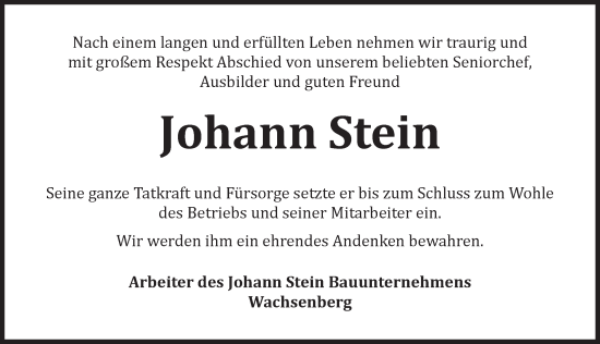 Traueranzeige von Johann Stein von Rothenburg