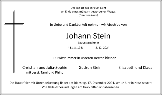 Traueranzeige von Johann Stein von GE