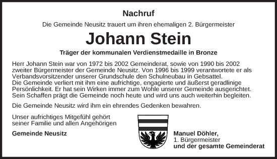 Traueranzeige von Johann Stein von Rothenburg