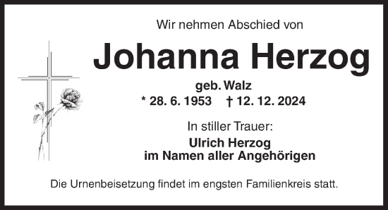 Traueranzeige von Johanna Herzog von Ansbach