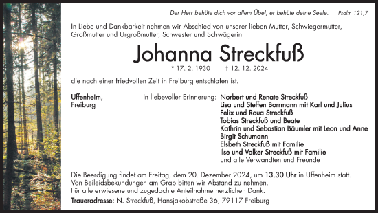 Traueranzeige von Johanna Streckfuß von Neustadt/ Scheinfeld/ Uffenheim