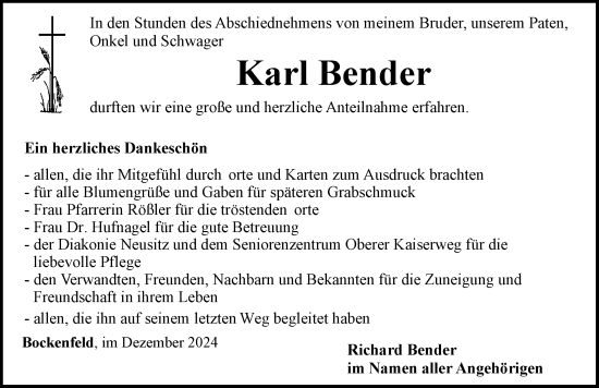 Traueranzeige von Karl Bender von Rothenburg