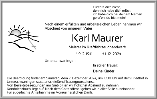 Traueranzeige von Karl Maurer von Ansbach