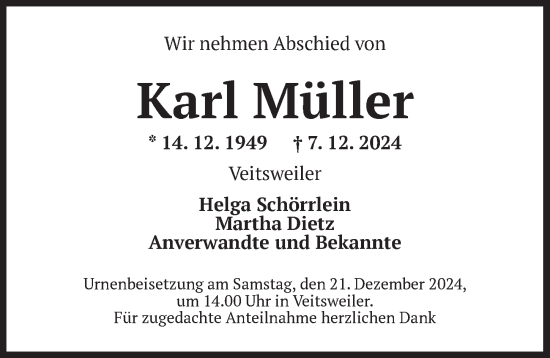 Traueranzeige von Karl Müller von Dinkelsbühl/ Feuchtwangen