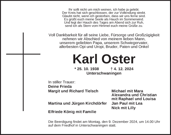 Traueranzeige von Karl Oster von Dinkelsbühl/ Feuchtwangen