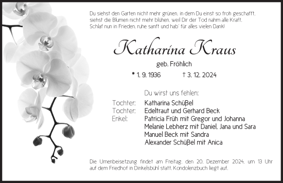 Traueranzeige von Katharina Kraus von Dinkelsbühl/ Feuchtwangen