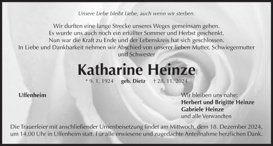 Traueranzeige von Katharine Heinze von Neustadt/ Scheinfeld/ Uffenheim