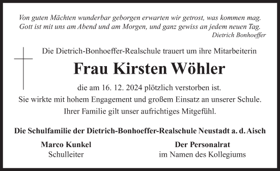 Traueranzeige von Kirsten Wöhler von Neustadt/ Scheinfeld/ Uffenheim