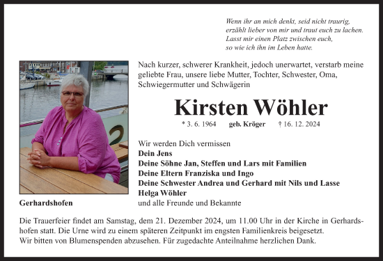 Traueranzeige von Kirsten Wöhler von Neustadt/ Scheinfeld/ Uffenheim