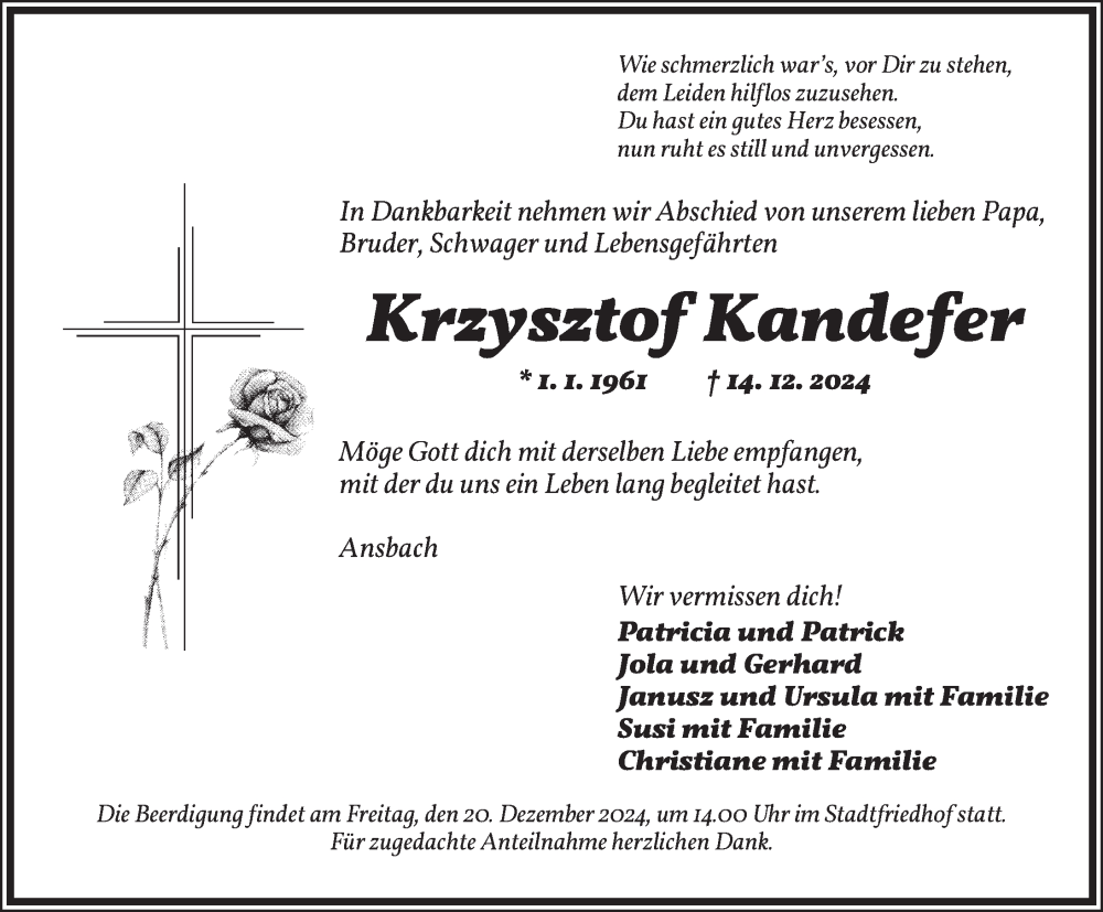  Traueranzeige für Krzysztof Kandefer vom 17.12.2024 aus Ansbach