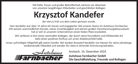 Traueranzeige von Krzysztof Kandefer von Ansbach