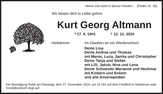 Traueranzeige von Kurt Georg Altmann von Ansbach