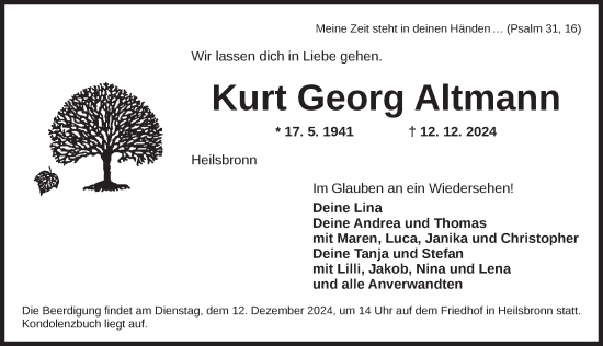 Traueranzeige von Kurt Georg Altmann von Ansbach