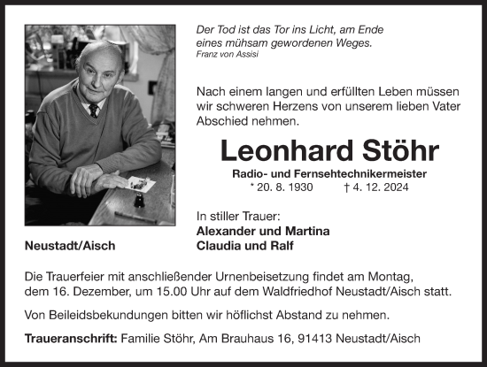 Traueranzeige von Leonhard Stöhr von Neustadt/ Scheinfeld/ Uffenheim