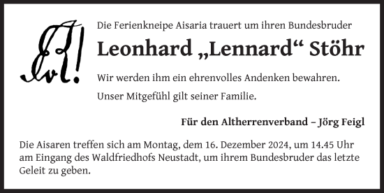 Traueranzeige von Leonhard Stöhr von Neustadt/ Scheinfeld/ Uffenheim