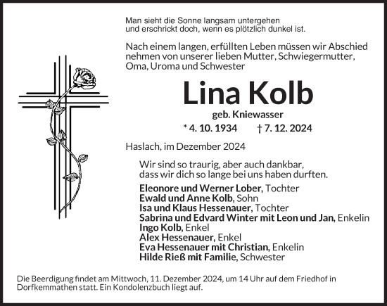 Traueranzeige von Lina Kolb von Dinkelsbühl/ Feuchtwangen