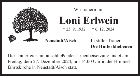 Traueranzeige von Loni Erlwein von Neustadt/ Scheinfeld/ Uffenheim