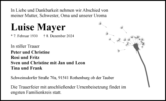 Traueranzeige von Luise Mayer von Rothenburg