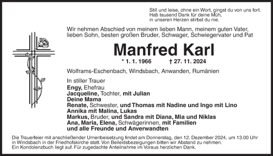 Traueranzeige von Manfred Karl von Ansbach