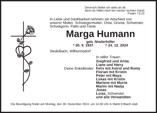 Traueranzeige von Marga Humann von Neustadt/ Scheinfeld/ Uffenheim