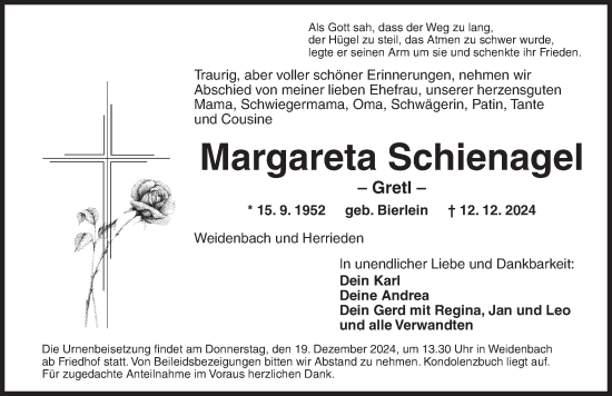 Traueranzeige von Margareta Schienagel von Ansbach