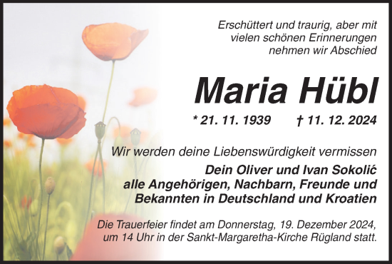 Traueranzeige von Maria Hübl von Ansbach