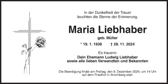 Traueranzeige von Maria Liebhaber von Ansbach