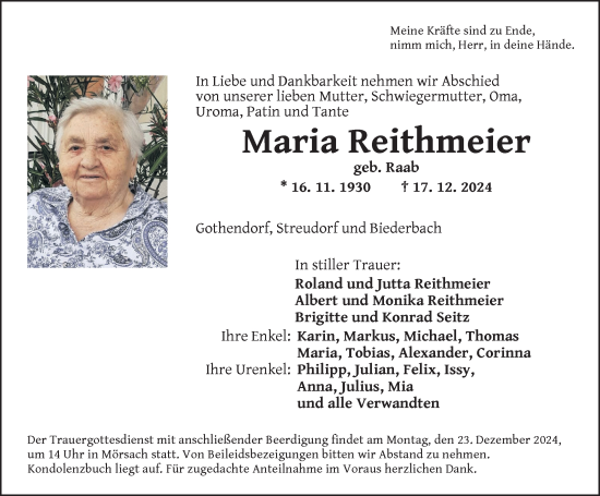 Traueranzeige von Maria Reithmeier von Ansbach