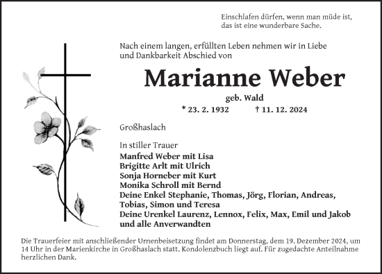 Traueranzeige von Marianne Weber von Ansbach