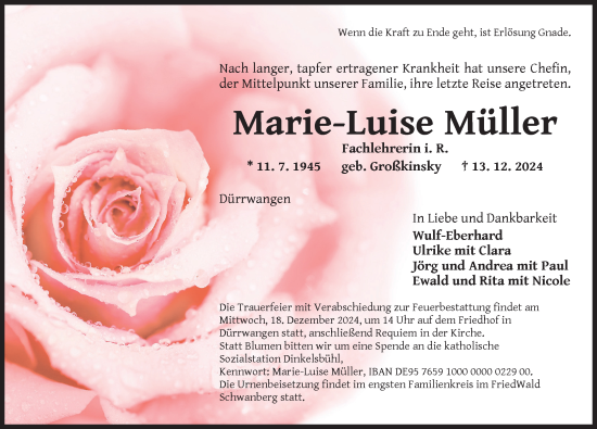 Traueranzeige von Marie-Luise Müller von Dinkelsbühl/ Feuchtwangen