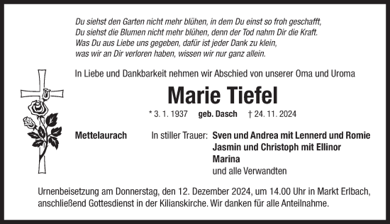 Traueranzeige von Marie Tiefel von Neustadt/ Scheinfeld/ Uffenheim