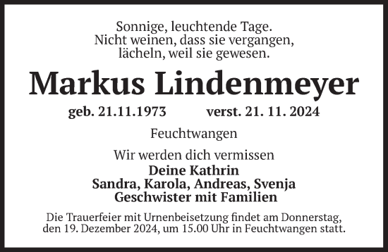 Traueranzeige von Markus Lindenmeyer von Dinkelsbühl/ Feuchtwangen