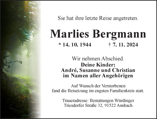 Traueranzeige von Marlies Bergmann von Ansbach