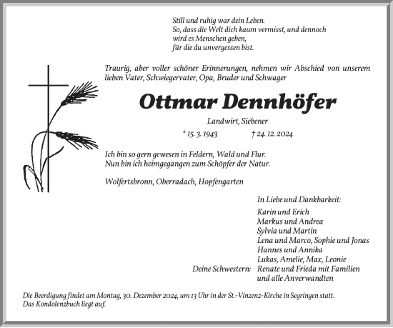 Traueranzeige von Ottmar Dennhöfer von Dinkelsbühl/ Feuchtwangen