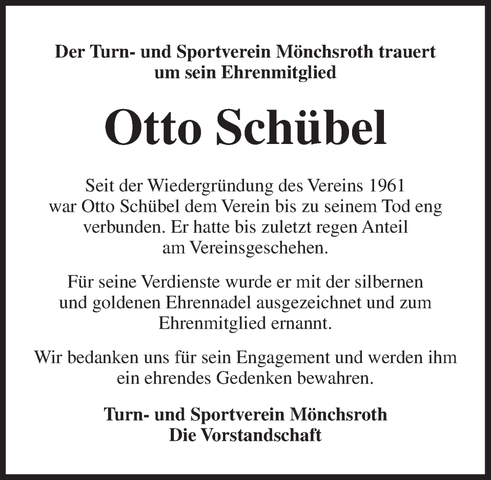  Traueranzeige für Otto Schübel vom 03.12.2024 aus Dinkelsbühl/ Feuchtwangen