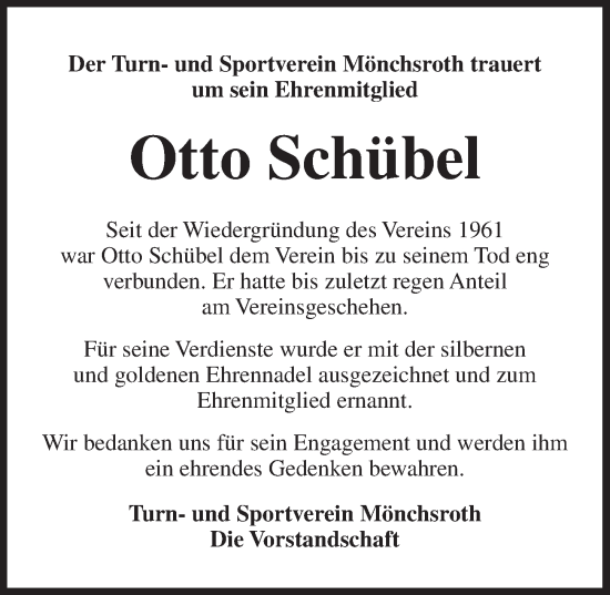 Traueranzeige von Otto Schübel von Dinkelsbühl/ Feuchtwangen