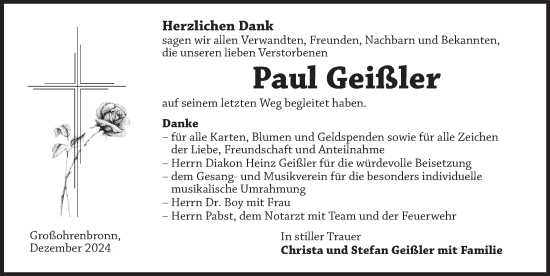 Traueranzeige von Paul Geißler von Dinkelsbühl/ Feuchtwangen