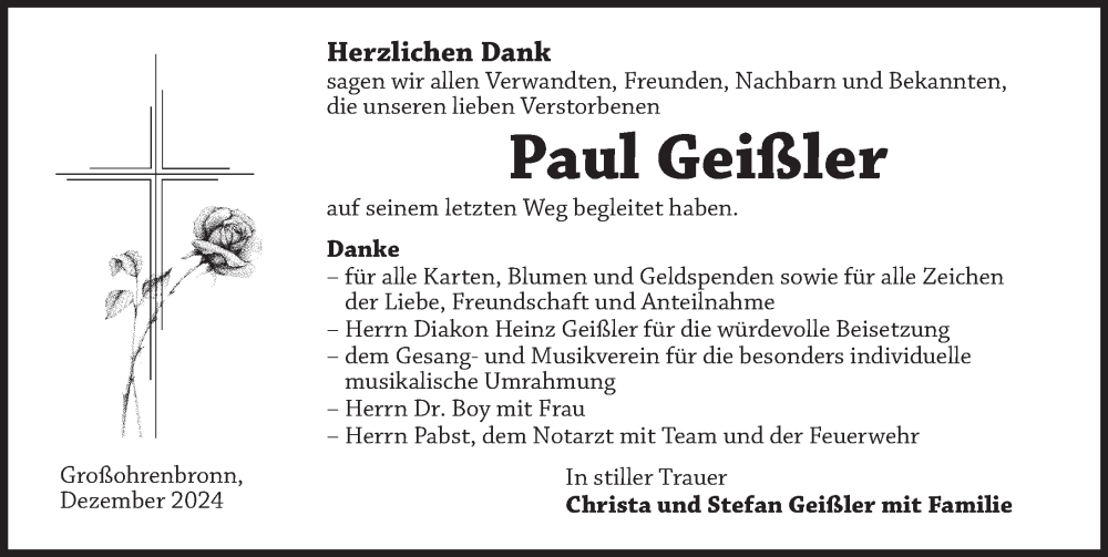  Traueranzeige für Paul Geißler vom 07.12.2024 aus Dinkelsbühl/ Feuchtwangen