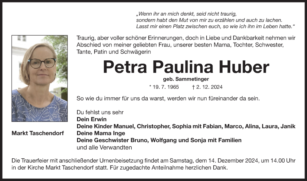  Traueranzeige für Petra Paulina Huber vom 12.12.2024 aus Neustadt/ Scheinfeld/ Uffenheim