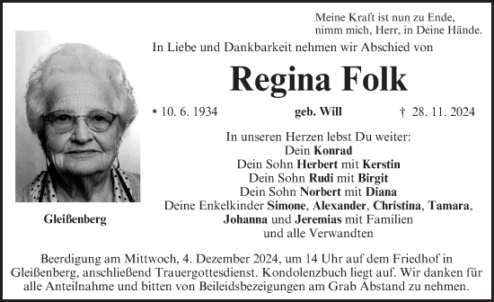 Traueranzeige von Regina Folk von Neustadt/ Scheinfeld/ Uffenheim