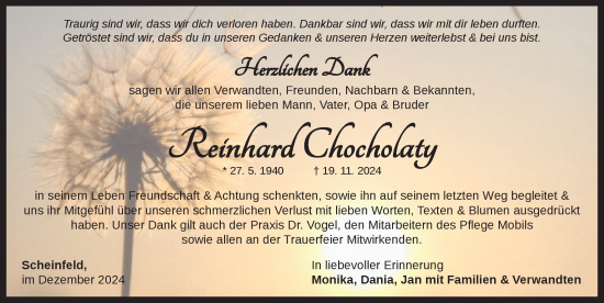 Traueranzeige von Reinhard Chocholaty von Neustadt/ Scheinfeld/ Uffenheim