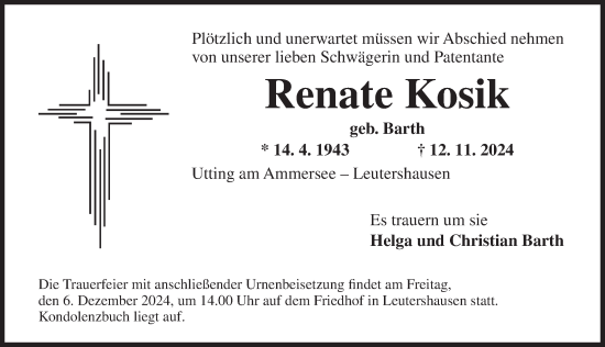 Traueranzeige von Renate Kosik von Ansbach