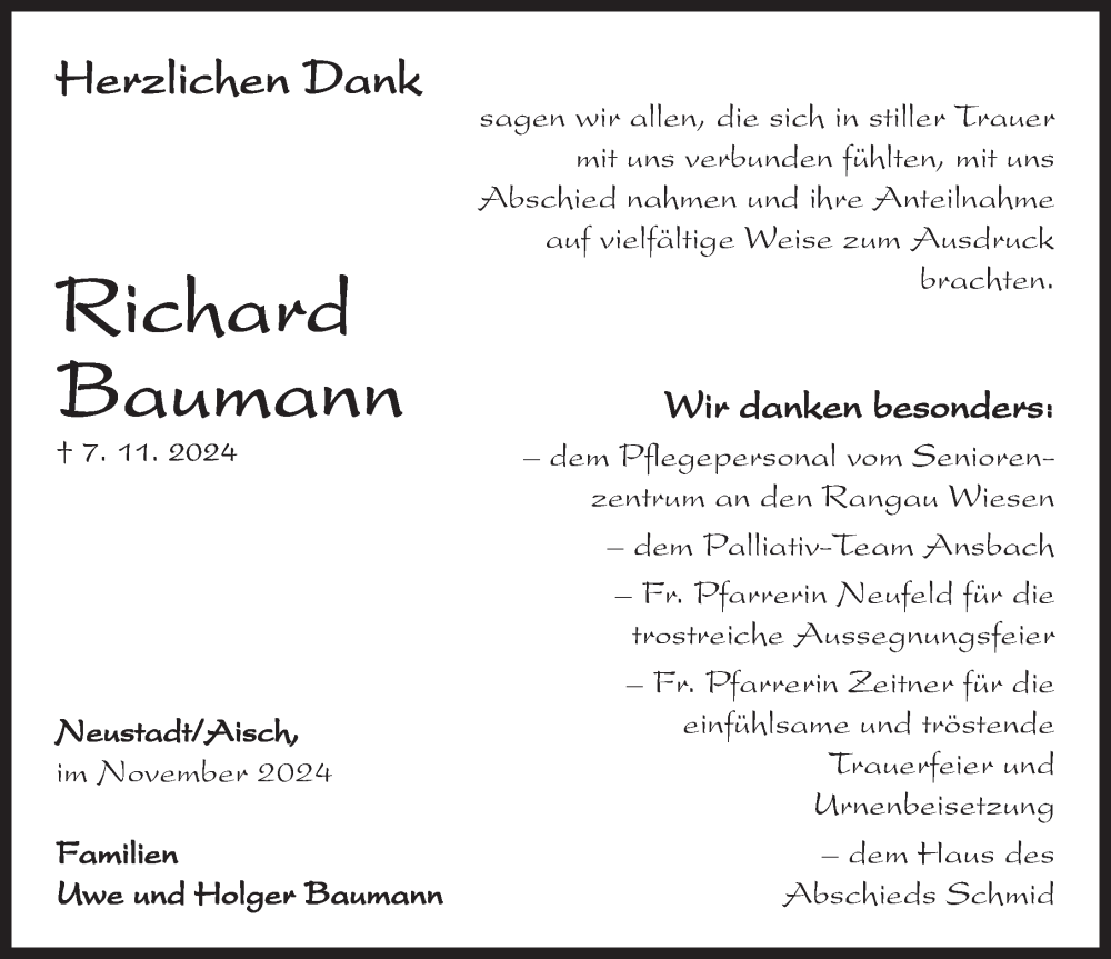  Traueranzeige für Richard Baumann vom 11.12.2024 aus Neustadt/ Scheinfeld/ Uffenheim